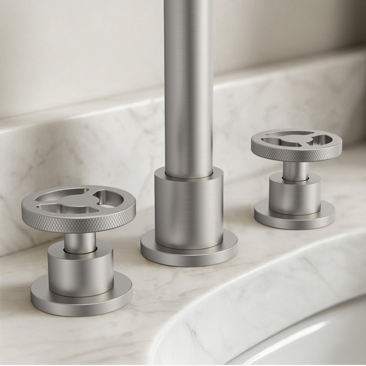 Widespread 3-Hole Bathroom Sink Faucet, 2-Handle Faucet with Wheel Knob Handles and Drain Assembly SFS-1324B-NK - Brushed Nickel
