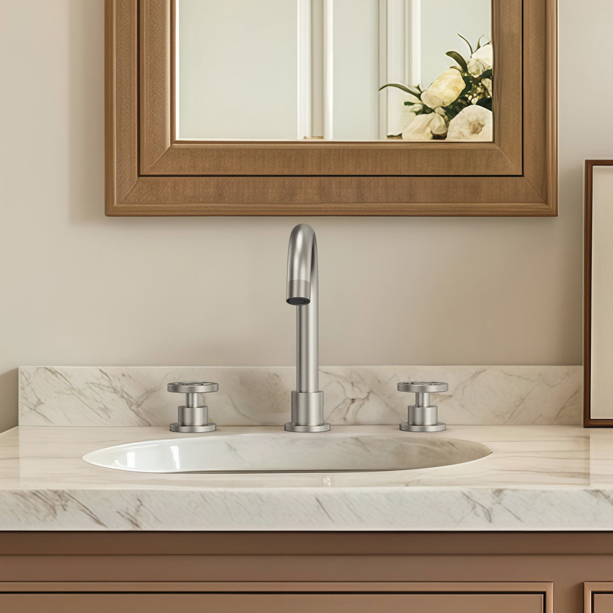 Widespread 3-Hole Bathroom Sink Faucet, 2-Handle Faucet with Wheel Knob Handles and Drain Assembly SFS-1324B-NK - Brushed Nickel