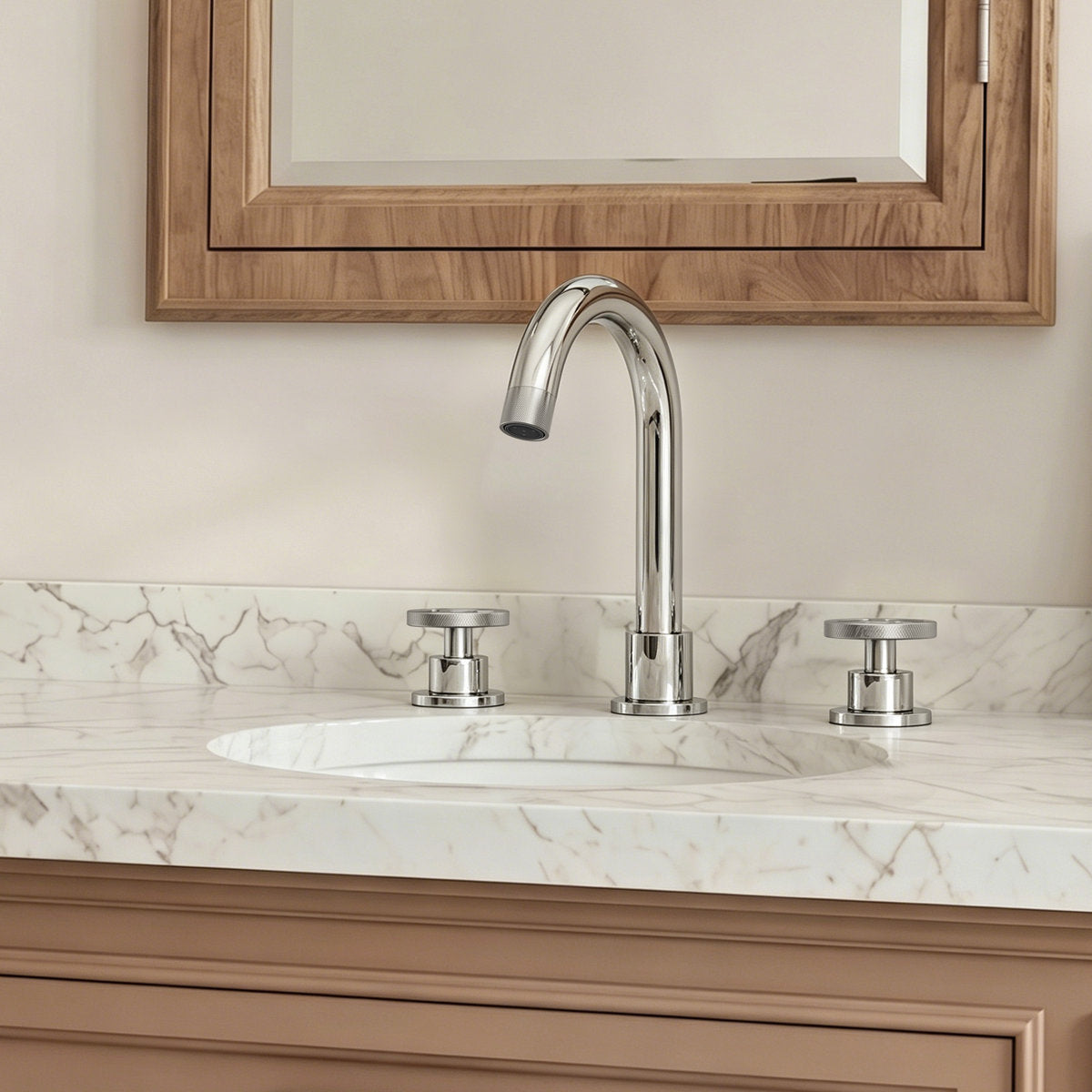 Widespread 3-Hole Bathroom Sink Faucet, 2-Handle Faucet with Wheel Knob Handles and Drain Assembly SFS-1324B-CH - Chrome