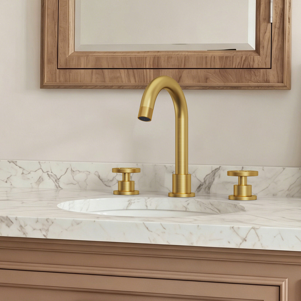 Widespread 3-Hole Bathroom Sink Faucet, 2-Handle Faucet with Wheel Knob Handles and Drain Assembly SFS-1324B-GD - Brushed Gold