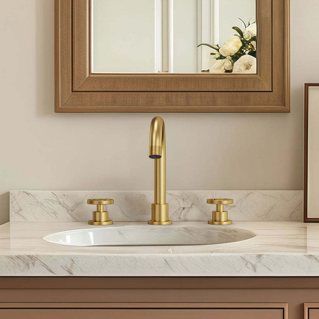Widespread 3-Hole Bathroom Sink Faucet, 2-Handle Faucet with Wheel Knob Handles and Drain Assembly SFS-1324B-GD - Brushed Gold