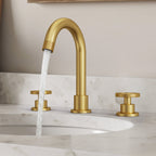 Widespread 3-Hole Bathroom Sink Faucet, 2-Handle Faucet with Wheel Knob Handles and Drain Assembly SFS-1324B-GD - Brushed Gold