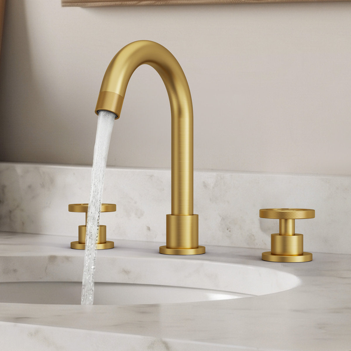 Widespread 3-Hole Bathroom Sink Faucet, 2-Handle Faucet with Wheel Knob Handles and Drain Assembly SFS-1324B-GD - Brushed Gold