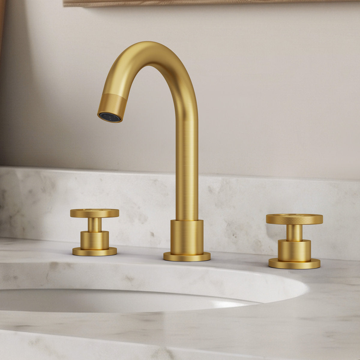 Widespread 3-Hole Bathroom Sink Faucet, 2-Handle Faucet with Wheel Knob Handles and Drain Assembly SFS-1324B-GD - Brushed Gold