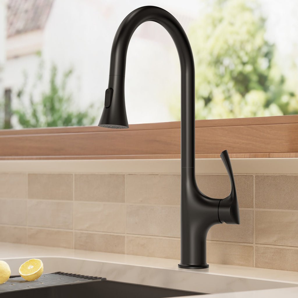 Pull-Down Single Handle Kitchen Faucet with High-Arc Spout SFS-1342K-BK - Matte Black