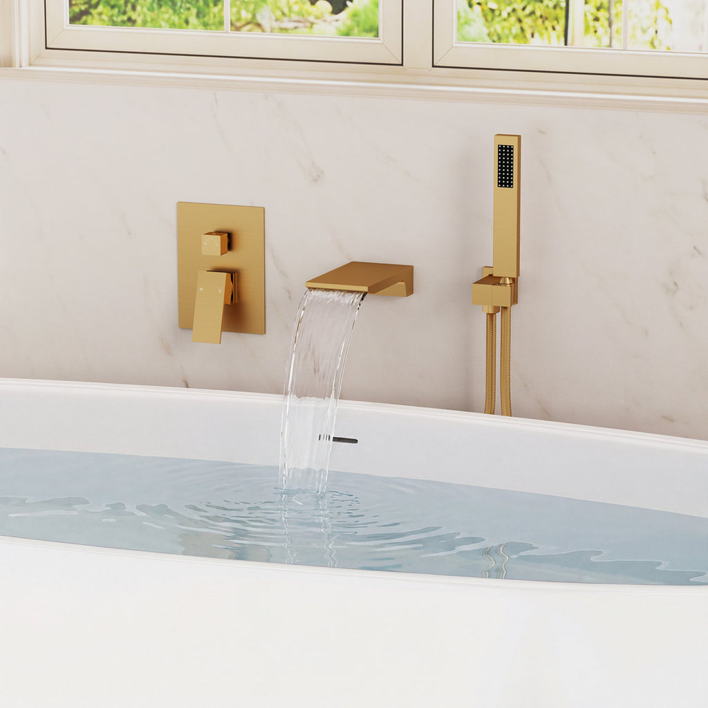 Wall Mount Waterfall Tub Faucet with Pressure Balance Valve and Hand Shower SF10-2FWM6502BG - Brushed Gold