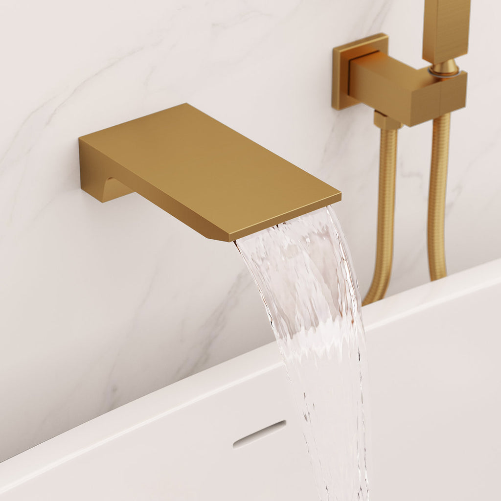 Wall Mount Waterfall Tub Faucet with Pressure Balance Valve and Hand Shower SF10-2FWM6502BG - Brushed Gold