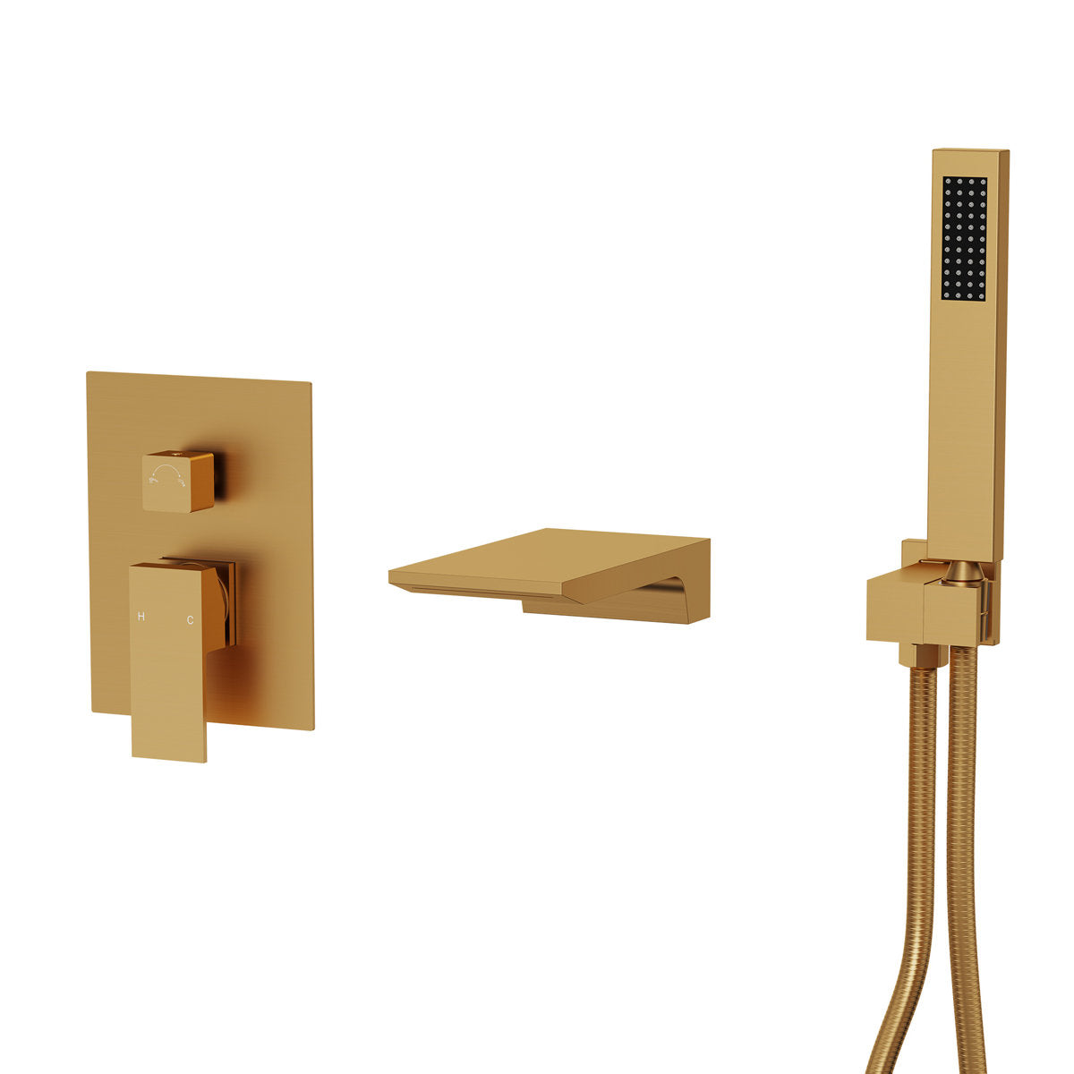Wall Mount Waterfall Tub Faucet with Pressure Balance Valve and Hand Shower SF10-2FWM6502BG - Brushed Gold