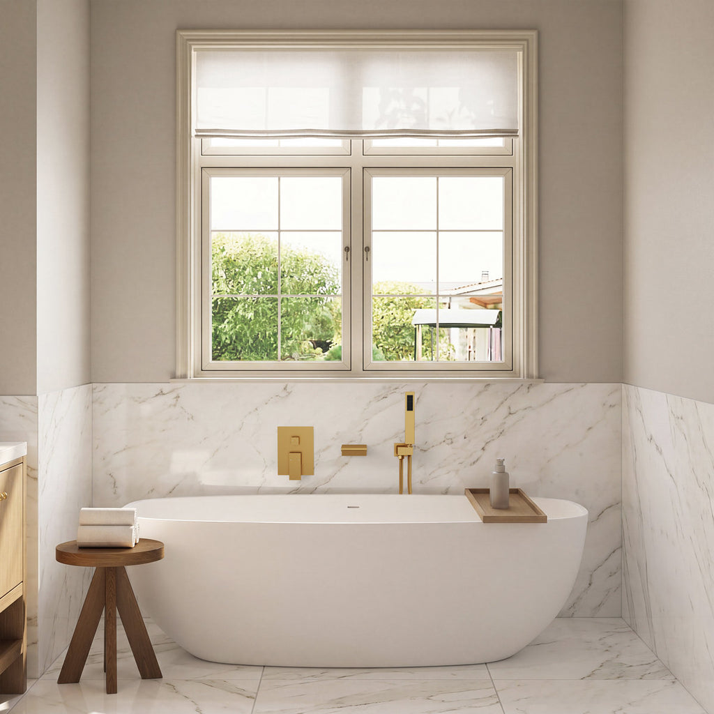 Wall Mount Waterfall Tub Faucet with Pressure Balance Valve and Hand Shower SF10-2FWM6502BG - Brushed Gold