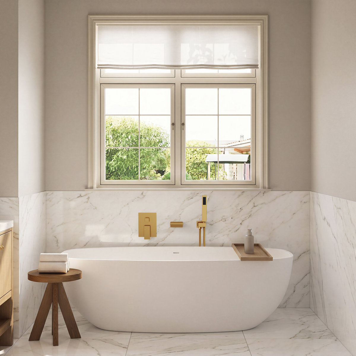 Wall Mount Waterfall Tub Faucet with Pressure Balance Valve and Hand Shower SF10-2FWM6502BG - Brushed Gold