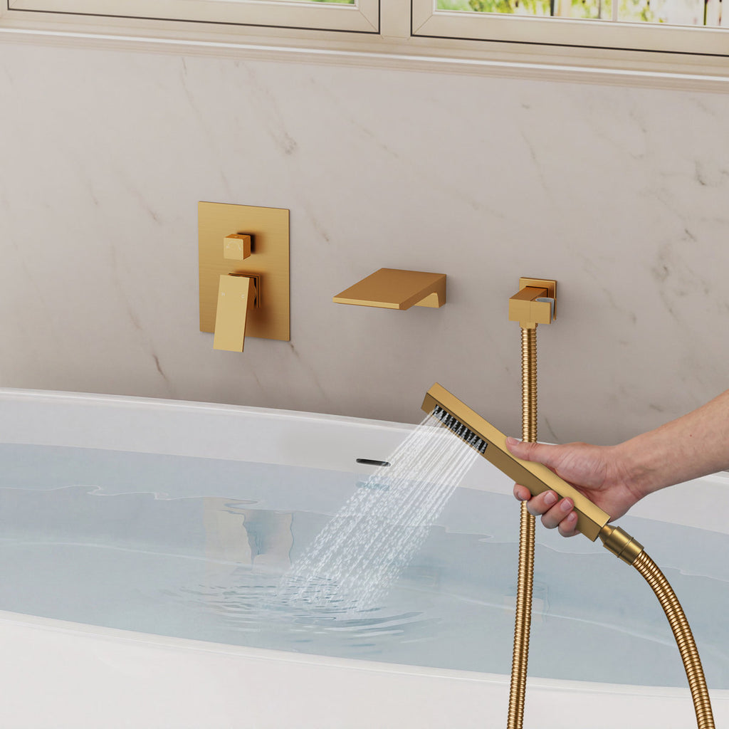 Wall Mount Waterfall Tub Faucet with Pressure Balance Valve and Hand Shower SF10-2FWM6502BG - Brushed Gold