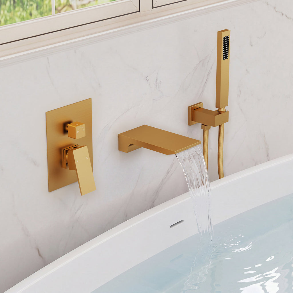 Wall Mount Waterfall Tub Faucet with Pressure Balance Valve and Hand Shower SF10-2FWM6502BG - Brushed Gold
