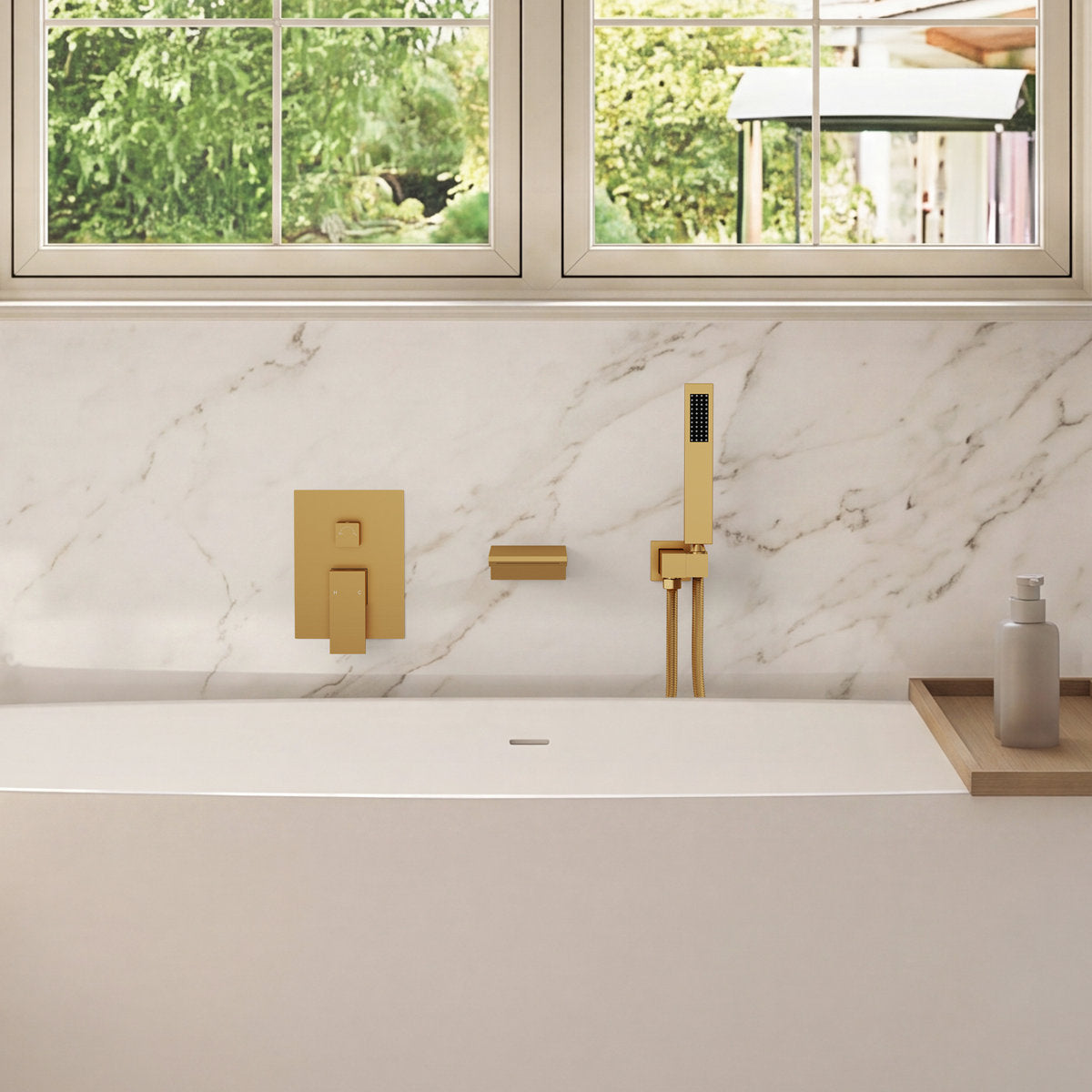 Wall Mount Waterfall Tub Faucet with Pressure Balance Valve and Hand Shower SF10-2FWM6502BG - Brushed Gold