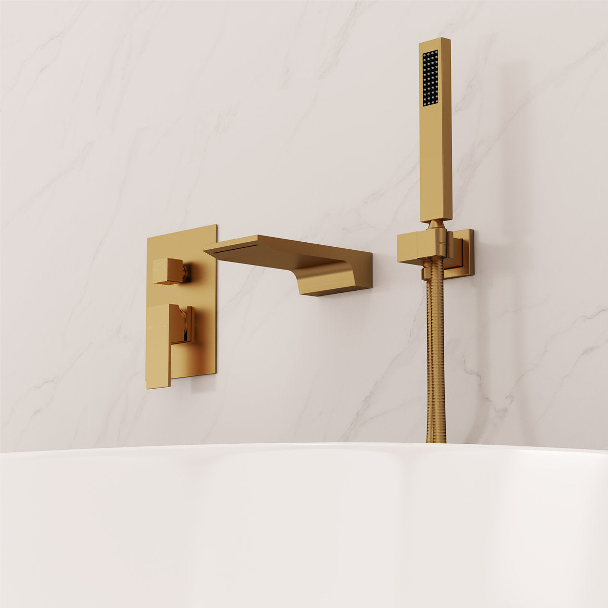 Wall Mount Waterfall Tub Faucet with Pressure Balance Valve and Hand Shower SF10-2FWM6502BG - Brushed Gold