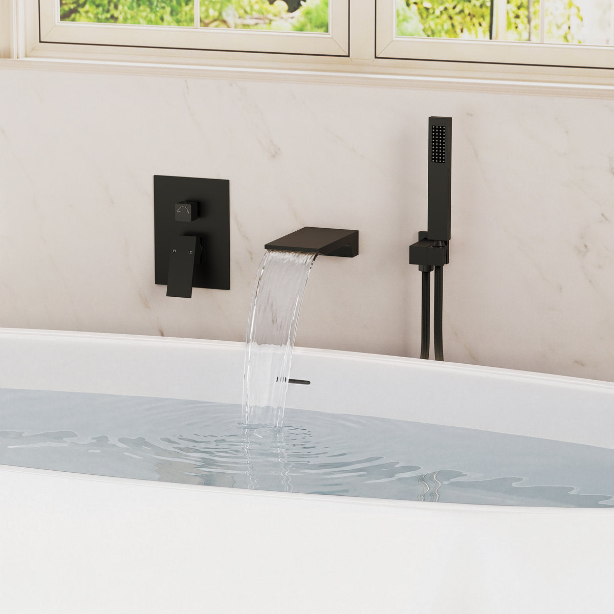 Wall Mount Waterfall Tub Faucet with Pressure Balance Valve and Hand Shower SF10-2FWM6502BK - Matte Black