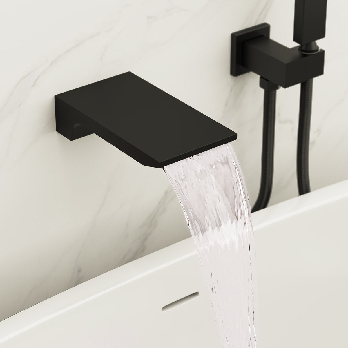 Wall Mount Waterfall Tub Faucet with Pressure Balance Valve and Hand Shower SF10-2FWM6502BK - Matte Black