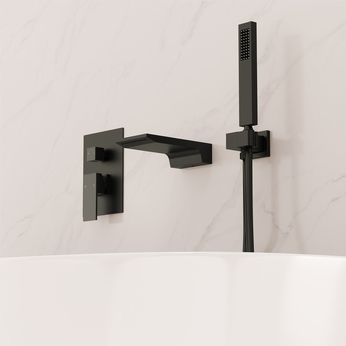 Wall Mount Waterfall Tub Faucet with Pressure Balance Valve and Hand Shower SF10-2FWM6502BK - Matte Black