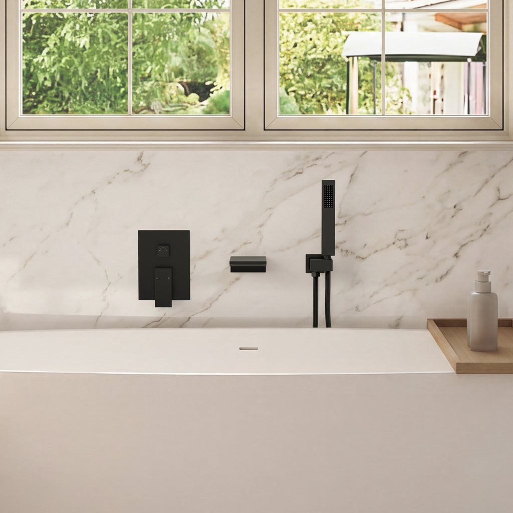 Wall Mount Waterfall Tub Faucet with Pressure Balance Valve and Hand Shower SF10-2FWM6502BK - Matte Black