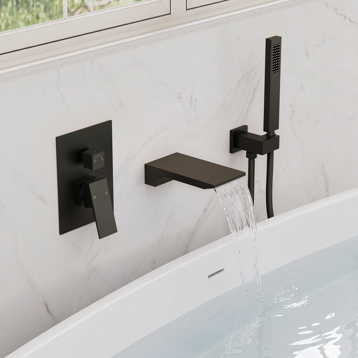 Wall Mount Waterfall Tub Faucet with Pressure Balance Valve and Hand Shower SF10-2FWM6502BK - Matte Black