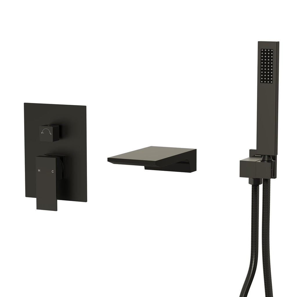 Wall Mount Waterfall Tub Faucet with Pressure Balance Valve and Hand Shower SF10-2FWM6502BK - Matte Black