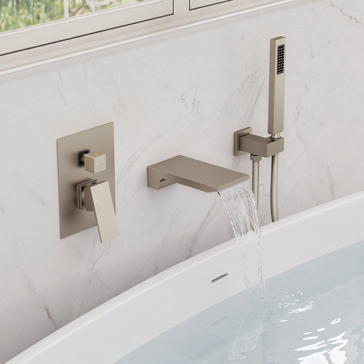 Wall Mount Waterfall Tub Faucet with Pressure Balance Valve and Hand Shower SF10-2FWM6502BN - Brushed Nickel