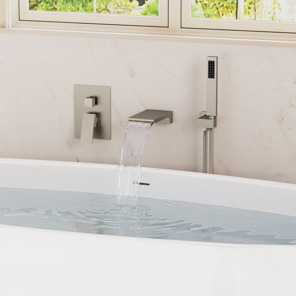 Wall Mount Waterfall Tub Faucet with Pressure Balance Valve and Hand Shower SF10-2FWM6502BN - Brushed Nickel