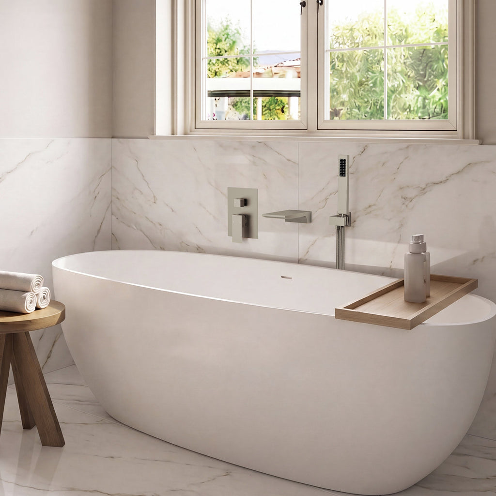 Wall Mount Waterfall Tub Faucet with Pressure Balance Valve and Hand Shower SF10-2FWM6502BN - Brushed Nickel