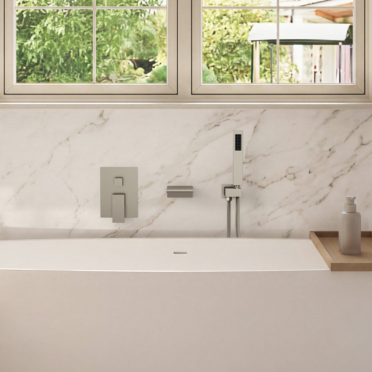 Wall Mount Waterfall Tub Faucet with Pressure Balance Valve and Hand Shower SF10-2FWM6502BN - Brushed Nickel