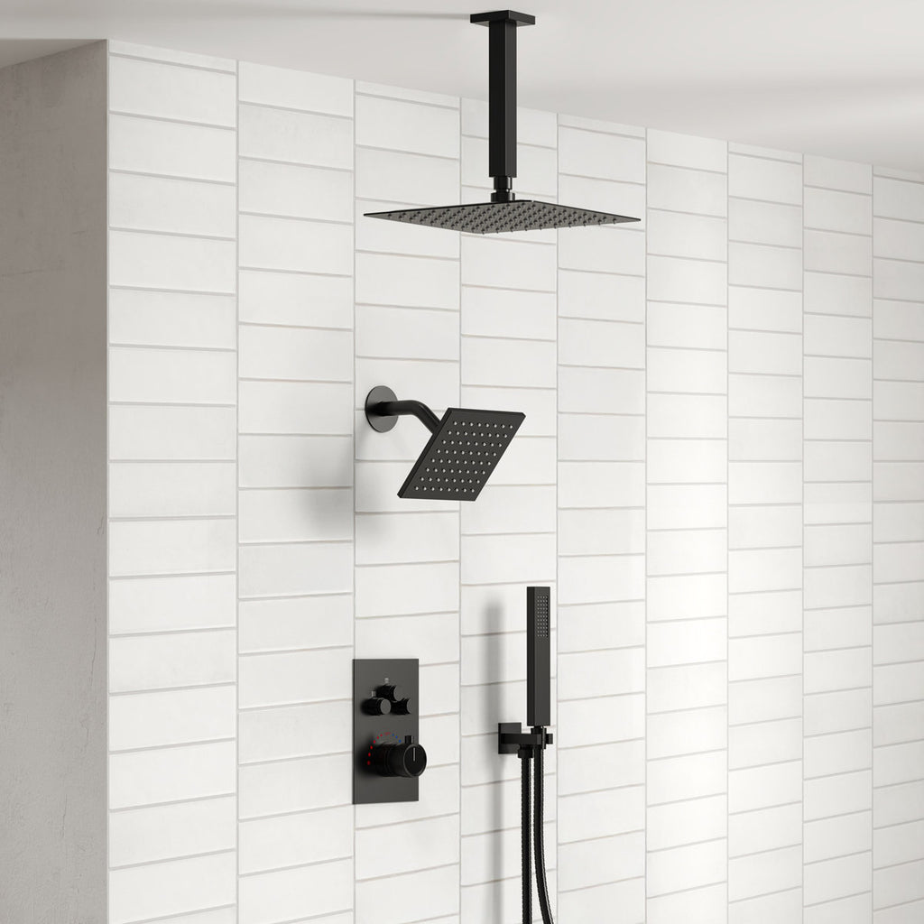Ceiling Mount 12" High-Pressure Rainfall Shower Faucet, Dual Rainfall Shower Head System with Thermostatic Valve SFS1007-BK12 - Matte Black