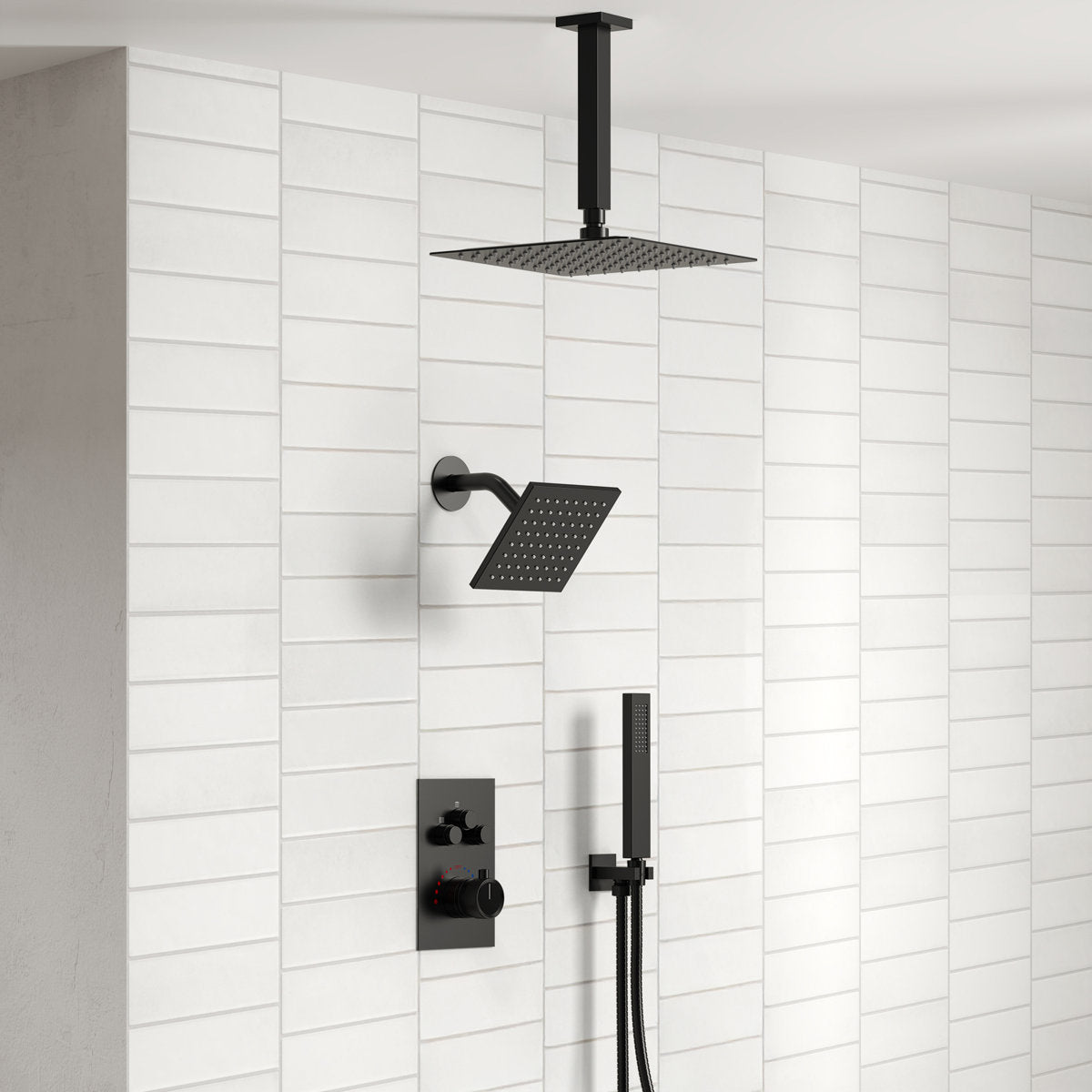 Ceiling Mount 12" High-Pressure Rainfall Shower Faucet, Dual Rainfall Shower Head System with Thermostatic Valve SFS1007-BK12 - Matte Black