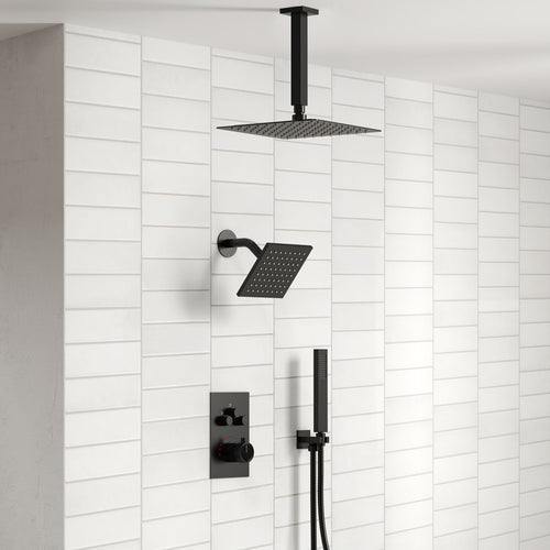 Ceiling Mount 12" High-Pressure Rainfall Shower Faucet, Dual Rainfall Shower Head System with Thermostatic Valve SFS1007-BK12 - Matte Black