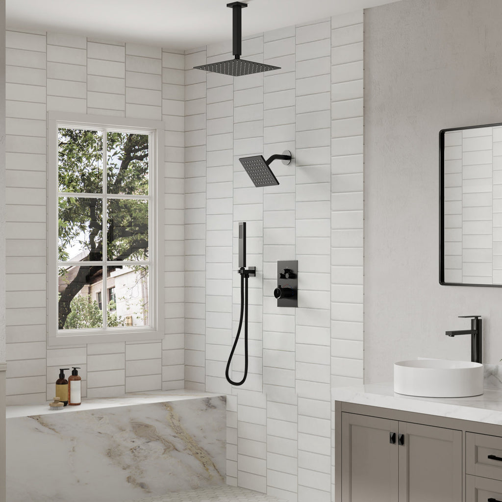 Ceiling Mount 12" High-Pressure Rainfall Shower Faucet, Dual Rainfall Shower Head System with Thermostatic Valve SFS1007-BK12 - Matte Black