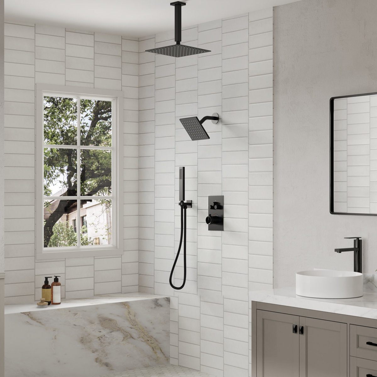 Ceiling Mount 12" High-Pressure Rainfall Shower Faucet, Dual Rainfall Shower Head System with Thermostatic Valve SFS1007-BK12 - Matte Black