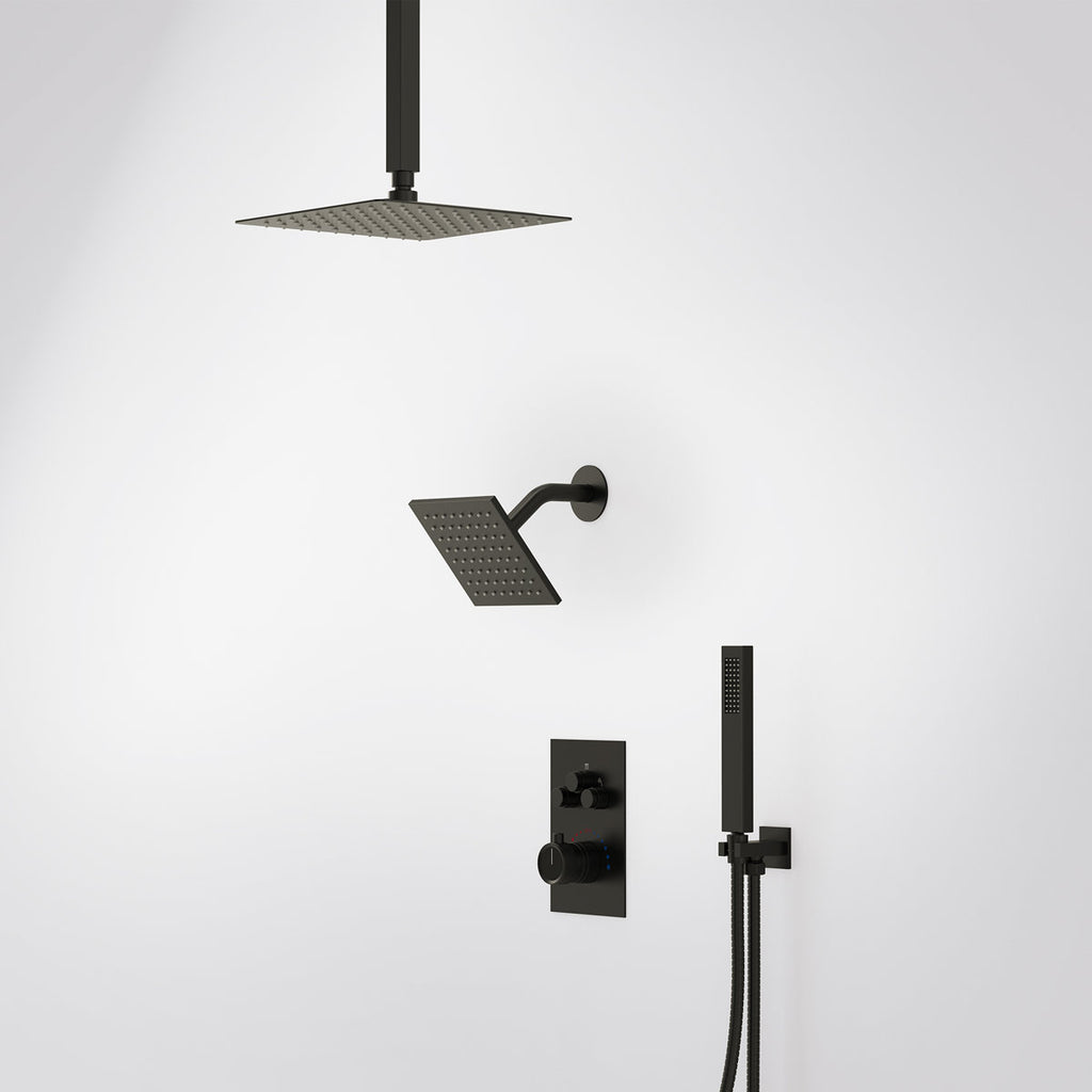 Ceiling Mount 12" High-Pressure Rainfall Shower Faucet, Dual Rainfall Shower Head System with Thermostatic Valve SFS1007-BK12 - Matte Black