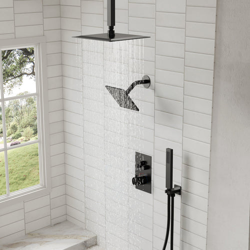 Ceiling Mount 12" High-Pressure Rainfall Shower Faucet, Dual Rainfall Shower Head System with Thermostatic Valve SFS1007-BK12 - Matte Black
