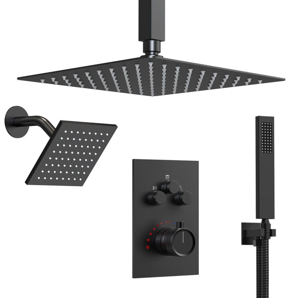 Ceiling Mount 12" High-Pressure Rainfall Shower Faucet, Dual Rainfall Shower Head System with Thermostatic Valve SFS1007-BK12 - Matte Black