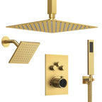 Ceiling Mount 12" High-Pressure Rainfall Shower Faucet, Dual Rainfall Shower Head System with Thermostatic Valve SFS1007-GD12 - Brushed Gold
