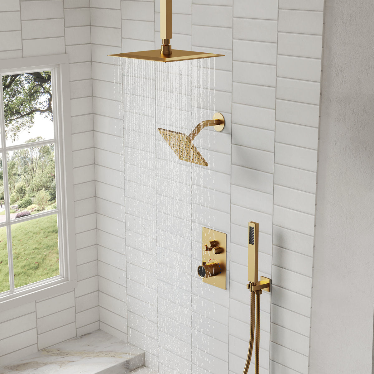 Ceiling Mount 12" High-Pressure Rainfall Shower Faucet, Dual Rainfall Shower Head System with Thermostatic Valve SFS1007-GD12 - Brushed Gold