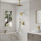 Ceiling Mount 12" High-Pressure Rainfall Shower Faucet, Dual Rainfall Shower Head System with Thermostatic Valve SFS1007-GD12 - Brushed Gold