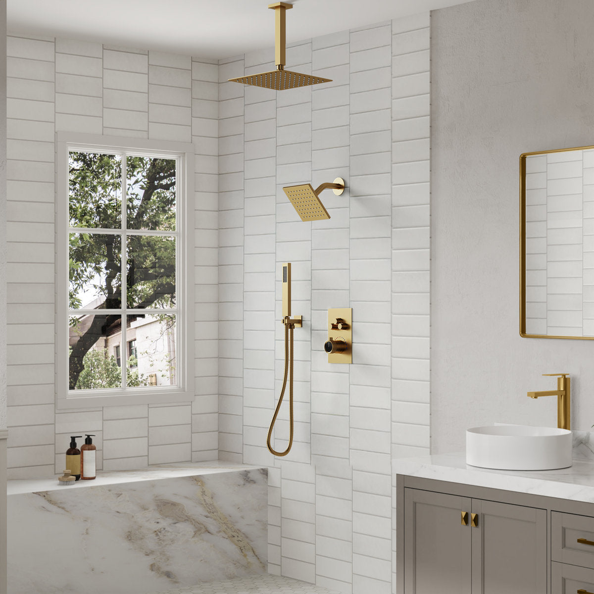 Ceiling Mount 12" High-Pressure Rainfall Shower Faucet, Dual Rainfall Shower Head System with Thermostatic Valve SFS1007-GD12 - Brushed Gold