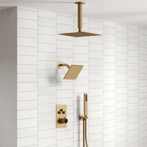 Ceiling Mount 12" High-Pressure Rainfall Shower Faucet, Dual Rainfall Shower Head System with Thermostatic Valve SFS1007-GD12 - Brushed Gold
