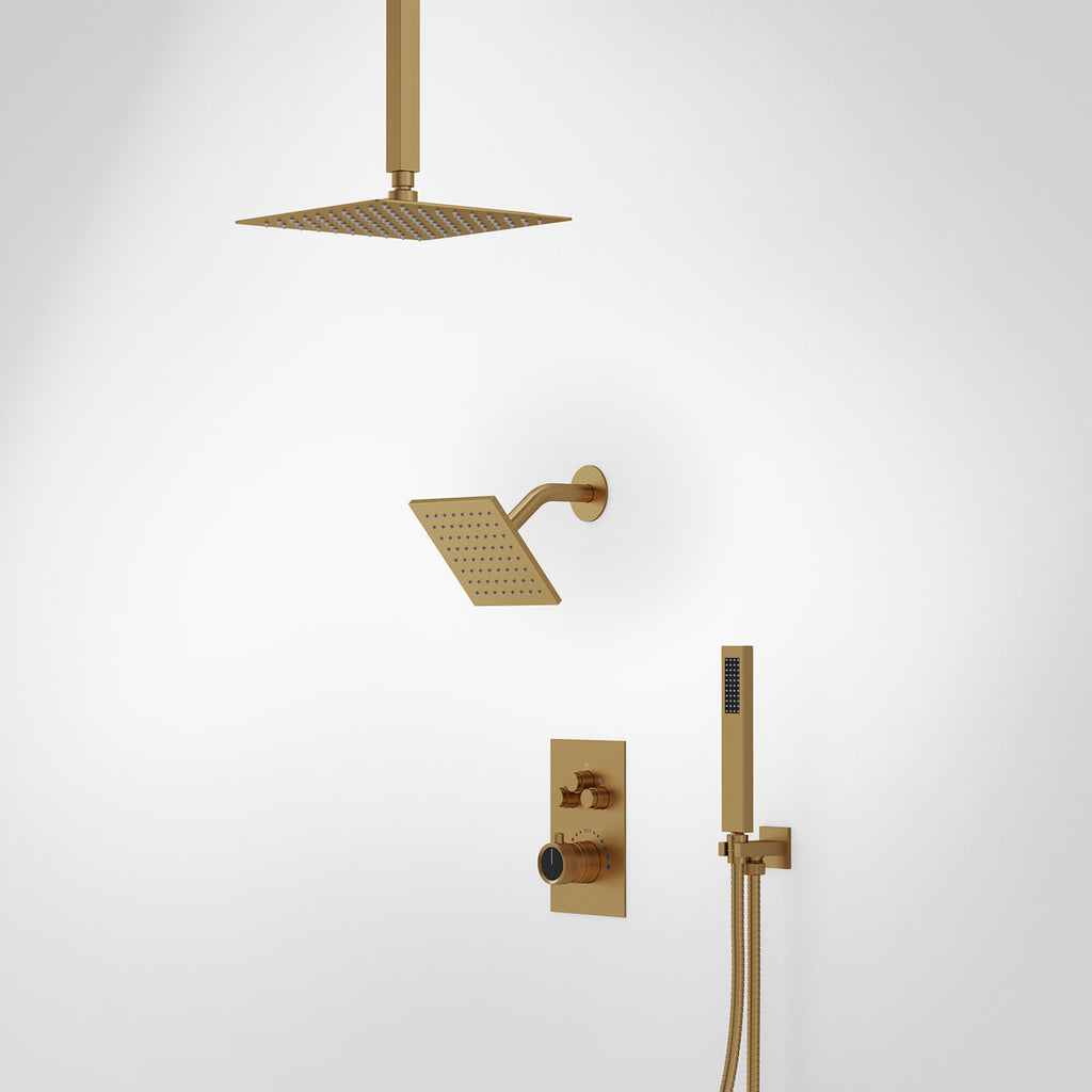 Ceiling Mount 12" High-Pressure Rainfall Shower Faucet, Dual Rainfall Shower Head System with Thermostatic Valve SFS1007-GD12 - Brushed Gold
