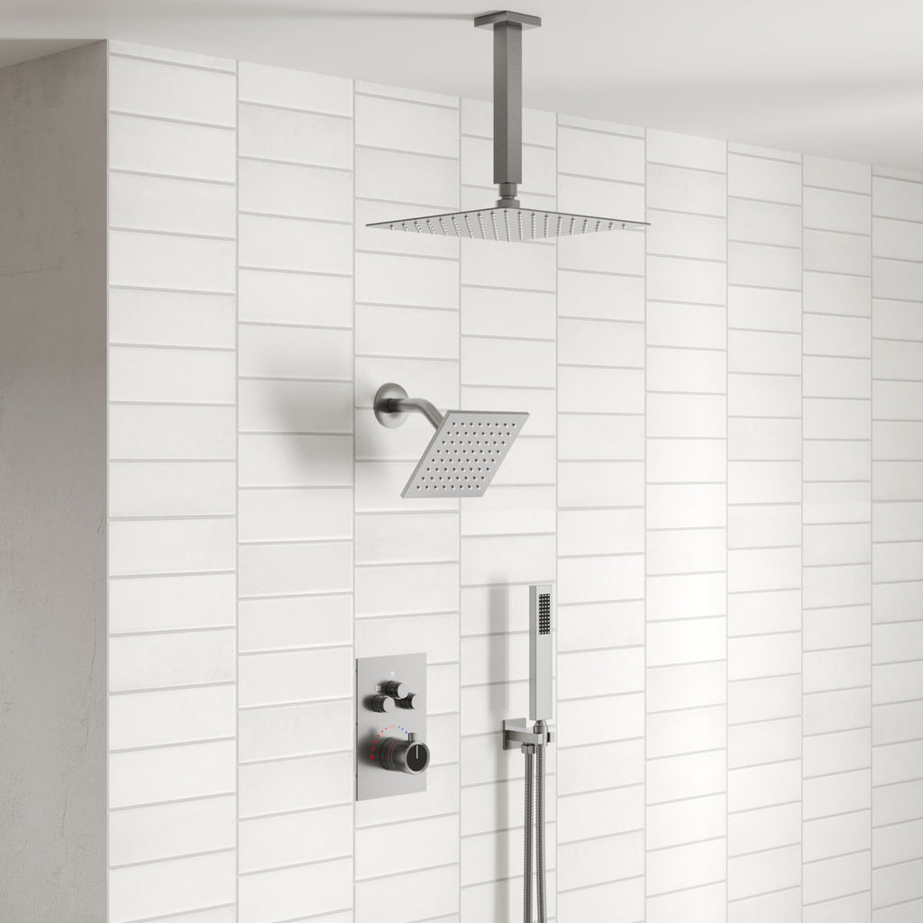 Ceiling Mount 12" High-Pressure Rainfall Shower Faucet, Dual Rainfall Shower Head System with Thermostatic Valve SFS1007-NK12 - Brushed Nickel