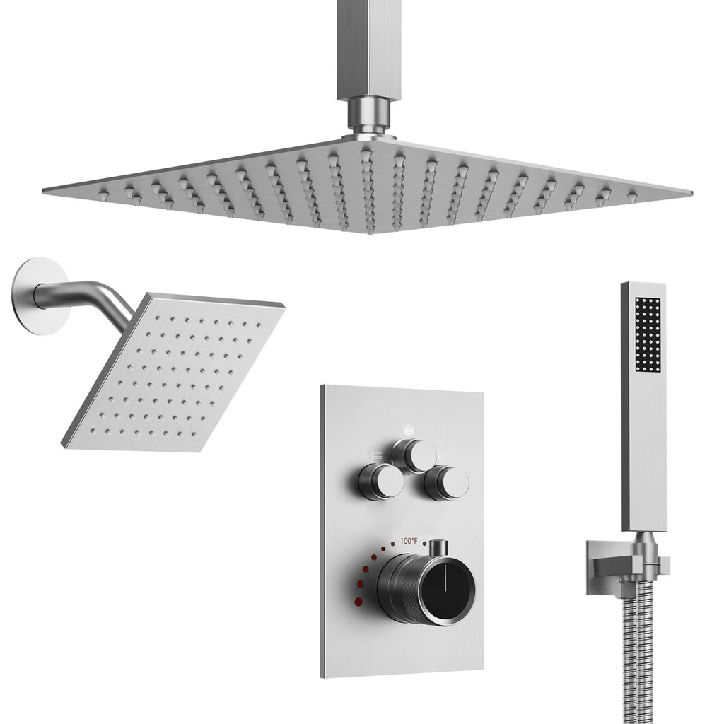 Ceiling Mount 12" High-Pressure Rainfall Shower Faucet, Dual Rainfall Shower Head System with Thermostatic Valve SFS1007-NK12 - Brushed Nickel