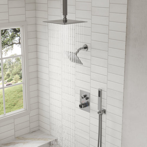 Ceiling Mount 12" High-Pressure Rainfall Shower Faucet, Dual Rainfall Shower Head System with Thermostatic Valve SFS1007-NK12 - Brushed Nickel