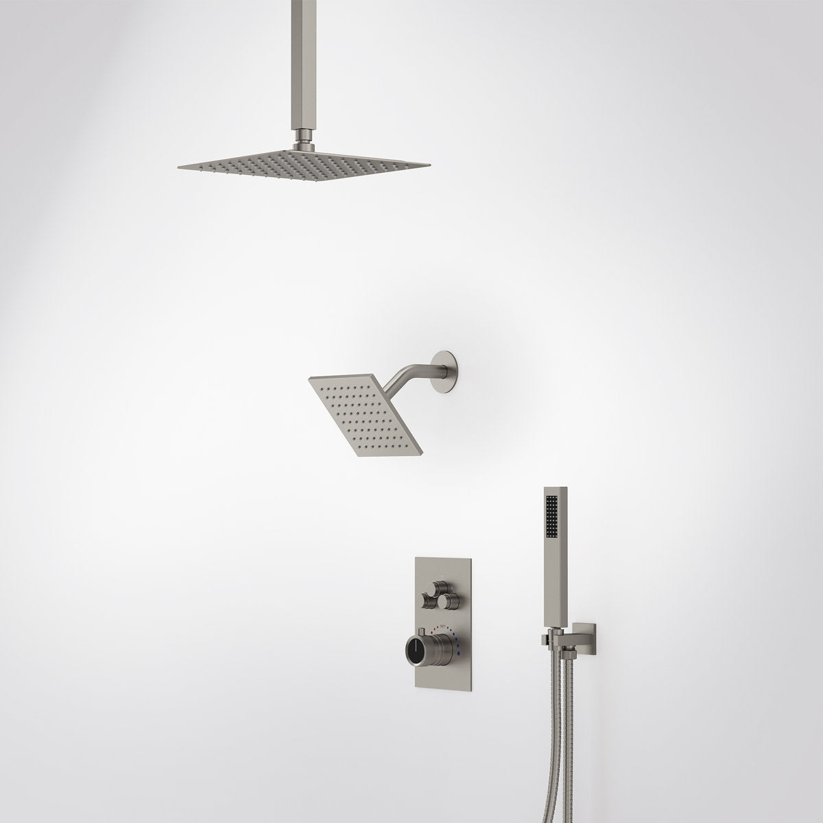 Ceiling Mount 12" High-Pressure Rainfall Shower Faucet, Dual Rainfall Shower Head System with Thermostatic Valve SFS1007-NK12 - Brushed Nickel