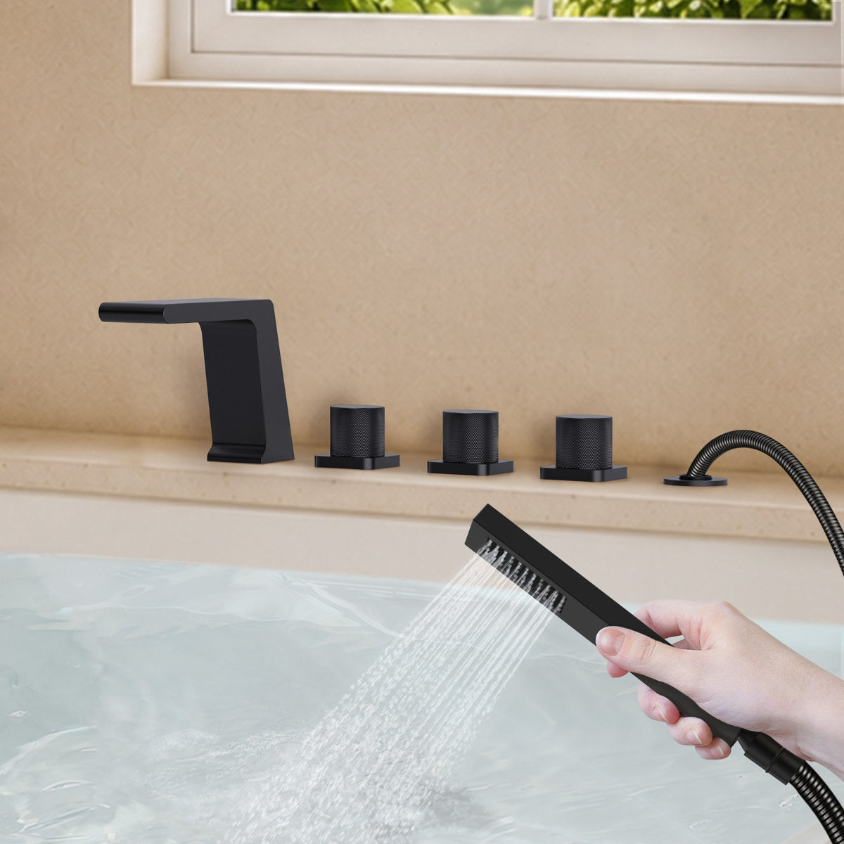 3 Handle Deck Mount Roman Tub Faucet with Waterfall Spout & Handheld Shower SFS1009-BK - Matte Black