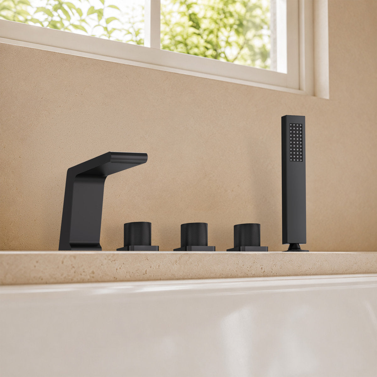 3 Handle Deck Mount Roman Tub Faucet with Waterfall Spout & Handheld Shower SFS1009-BK - Matte Black