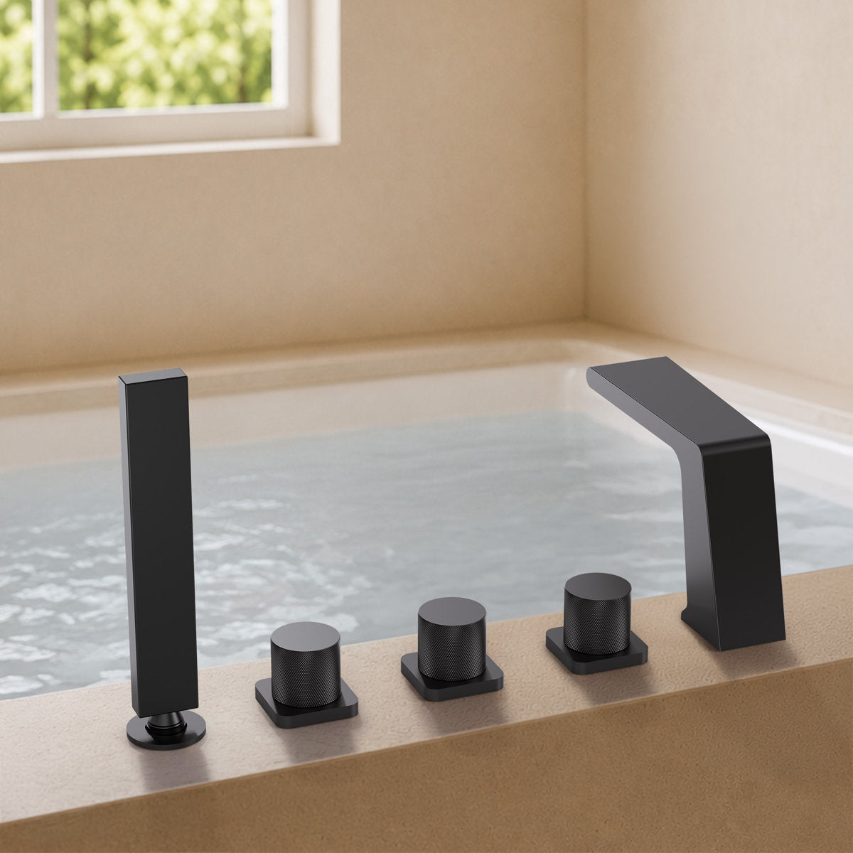 3 Handle Deck Mount Roman Tub Faucet with Waterfall Spout & Handheld Shower SFS1009-BK - Matte Black