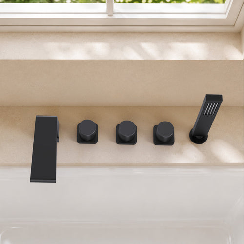 3 Handle Deck Mount Roman Tub Faucet with Waterfall Spout & Handheld Shower SFS1009-BK - Matte Black